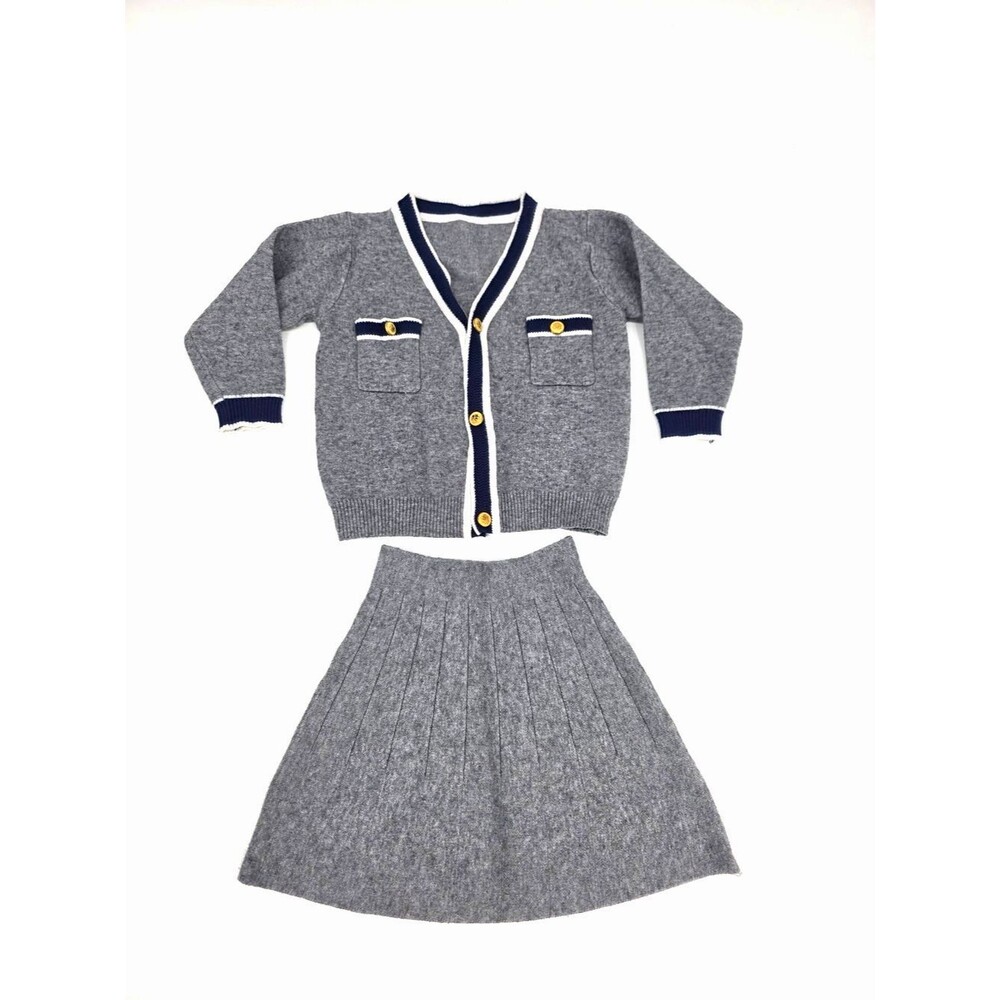 SHEIN Gray Knit Cardigan & Skirt Set with Navy Trim Size 5